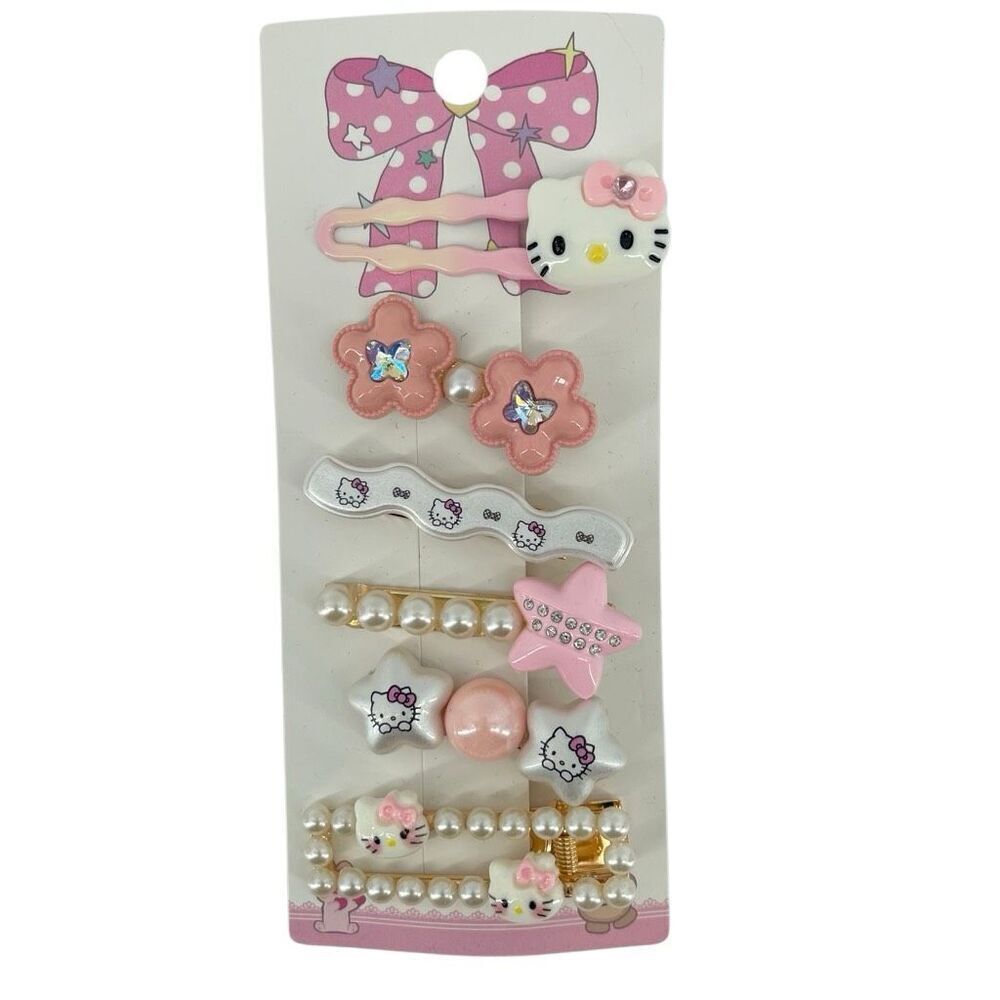 Hello Kitty Girls Pink Pearl Hair Clip Set 7-Piece Kawaii Hair Accessories, NWT
